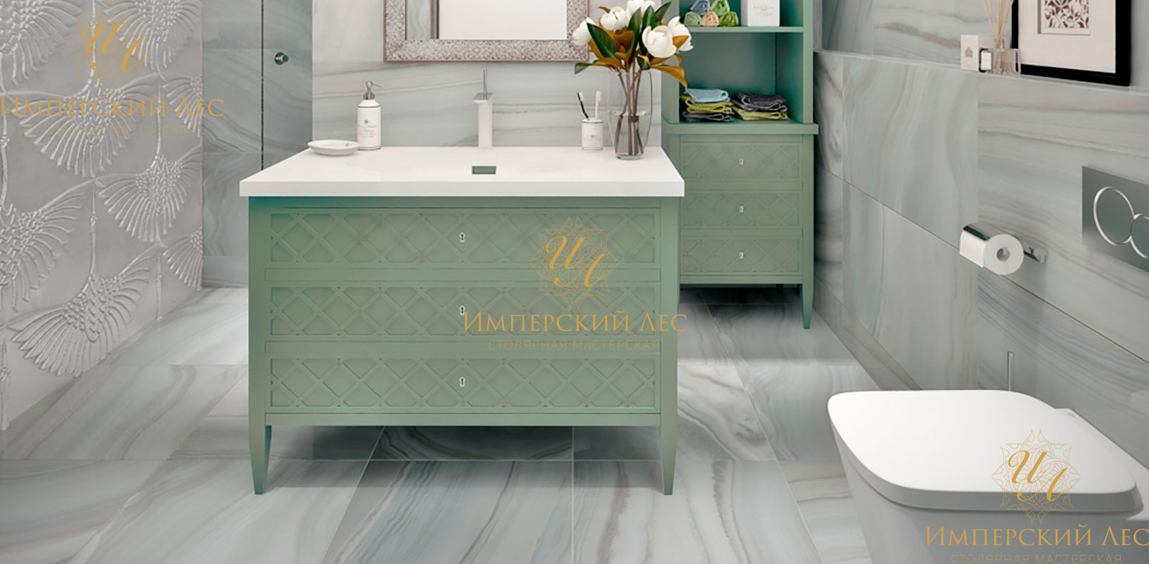 Мебельный гарнитур для ванной комнаты фисташкового цвета