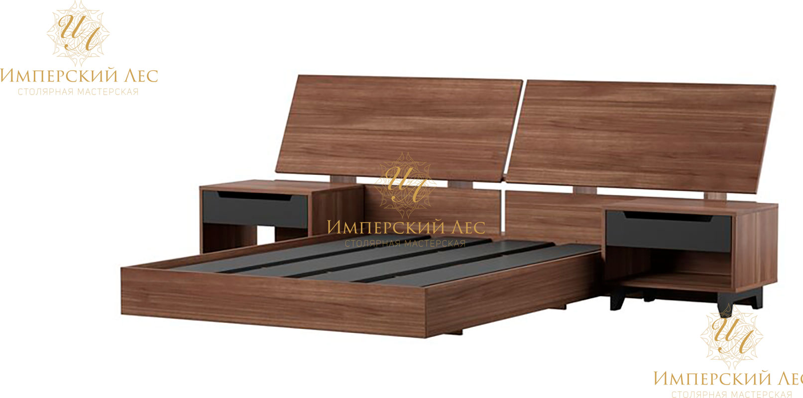 Кровать из массива ореха с деревянным изголовьем с 2 тумбочками