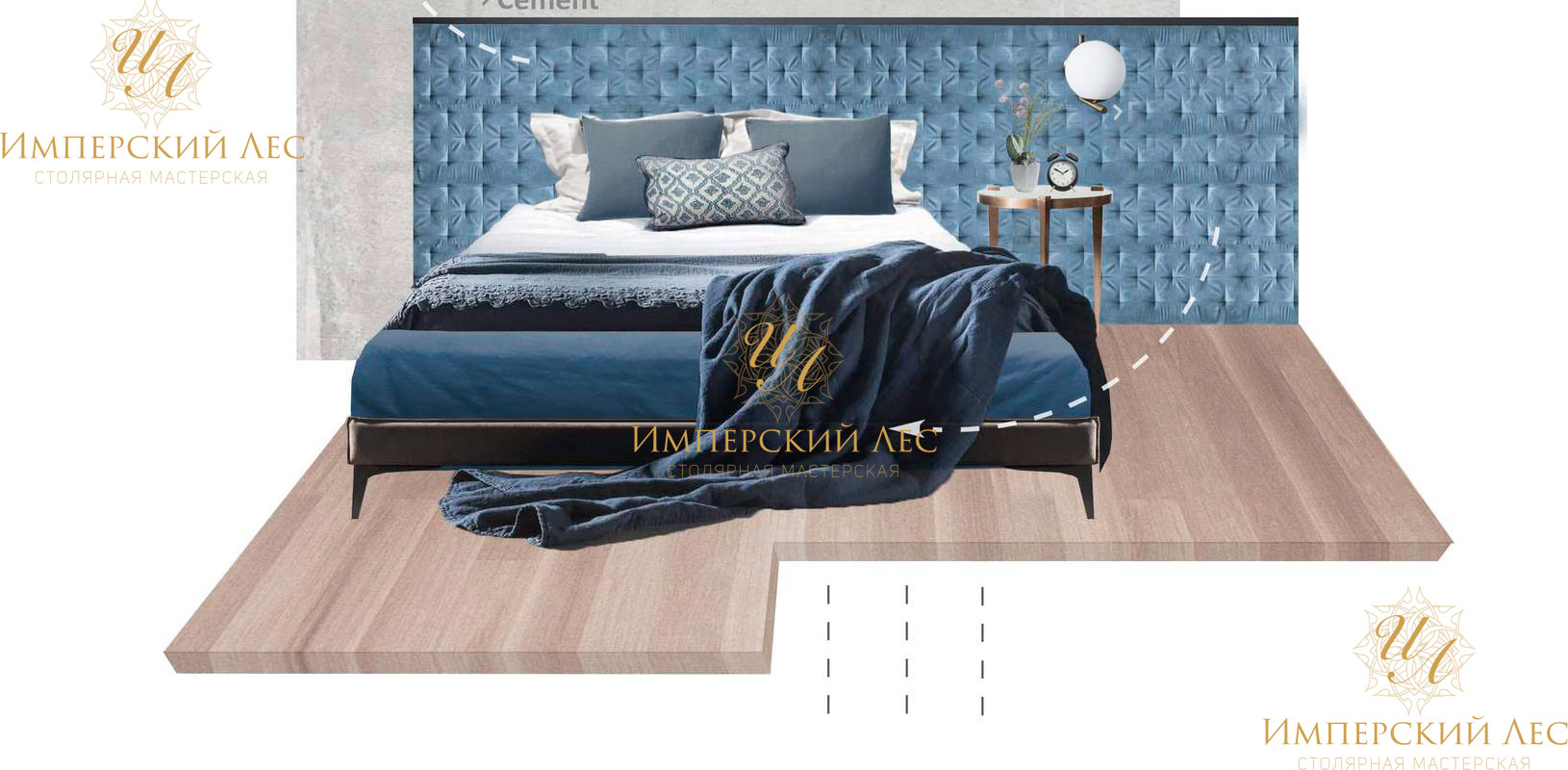 Кровать из массива дерева в оттенках голубого и серого цветов