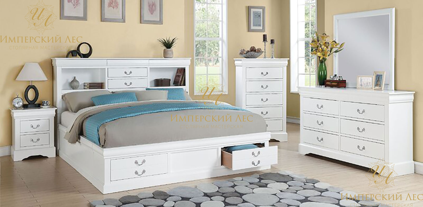 Кровать из массива дерева с конфигурируемым спальным гарнитуром в белом цвете
